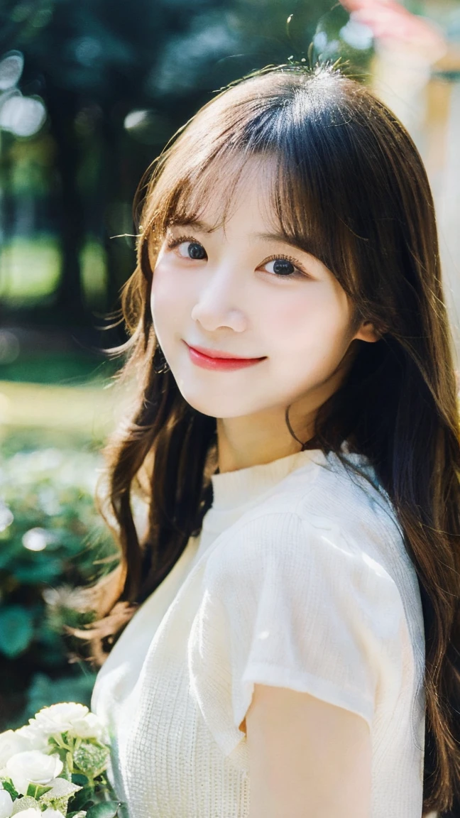 Create an image of a young woman around 25 years old, inspired by the provided image. The woman should have long, flowing hair and a gentle smile, holding a bouquet of flowers similar to the one in the reference. The setting should be a beautiful outdoor environment with greenery in the background, reminiscent of a sunny day. The woman should have a slightly more mature appearance while maintaining a warm and friendly expression. Ensure the lighting and color tones are soft and natural, highlighting her youthful yet mature beauty.