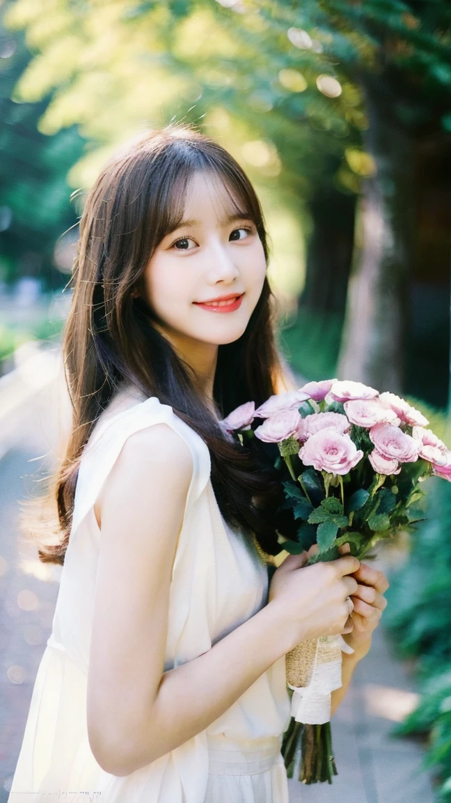 Create an image of a young woman around 25 years old, inspired by the provided image. The woman should have long, flowing hair and a gentle smile, holding a bouquet of flowers similar to the one in the reference. The setting should be a beautiful outdoor environment with greenery in the background, reminiscent of a sunny day. The woman should have a slightly more mature appearance while maintaining a warm and friendly expression. Ensure the lighting and color tones are soft and natural, highlighting her youthful yet mature beauty.