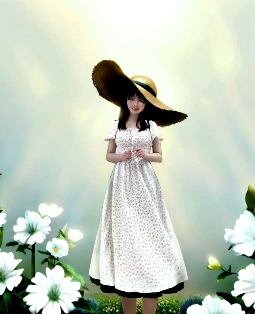 Being in a flower garden、Wearing a straw hat、