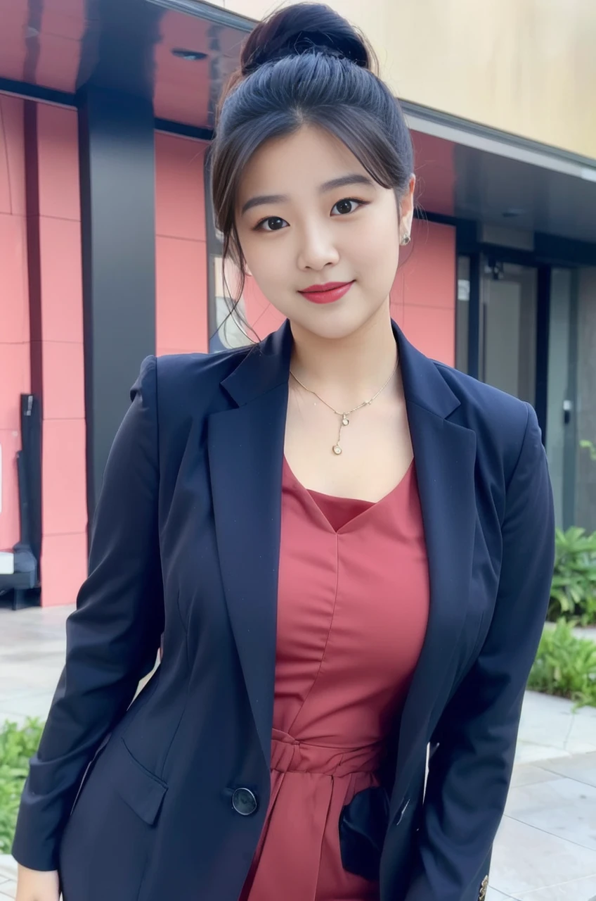 ((best quality)), ((masterpiece)), (detailed), perfect face, araffe woman in a long dark-blue shirt and blue denim skirt walking down a street, thicc, wavy short hair , she has a jiggly fat round belly, bbwchan, wearing tight simple clothes, skinny waist and thick hips, widest hips, her belly is fat and round, soft curvy shape, hyperrealistic full figure, wearing a cute top, wide hips, wearing 10 bracelet , wearing huge diamond necklace Good clear image