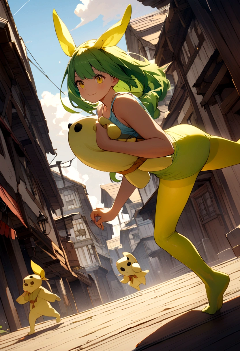 Yellow body、Yellow Smile Full Mask、Light blue tank top、Yellow-green tights