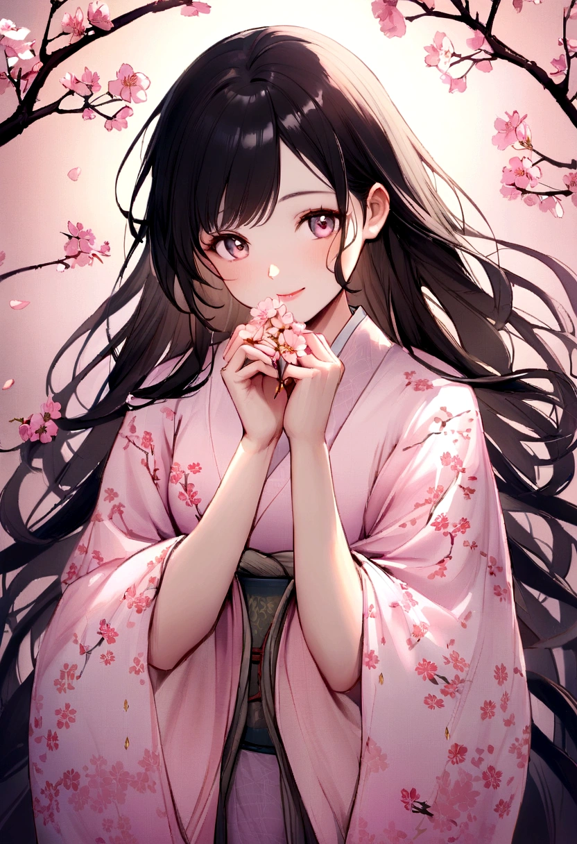 Portrait of a charming Asian woman with a natural, fresh-faced beauty. She has bright, expressive eyes and a genuine, warm smile. Her long, silky black hair falls in soft waves, with a few strands gently framing her face. She's wearing a light pink yukata with subtle cherry blossom patterns, the fabric draping naturally. In her hands, she holds a set of traditional tarot cards. The background features real cherry blossom branches in soft focus, with some petals floating in the air. Warm, soft lighting creates a gentle glow on her skin and highlights the textures of her clothing and surroundings. The scene has a peaceful, serene atmosphere with a soft pink color palette, balancing realism with a touch of romantic charm.