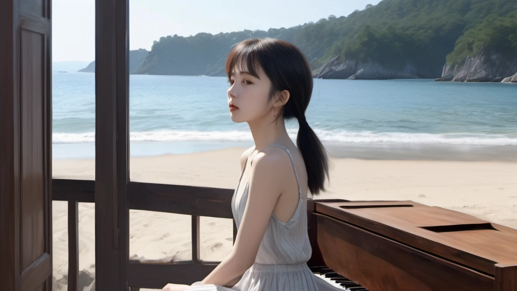 xxmixgirl,,Jing-Hao Zhang style, dark gray and light black, 8K resolution, Miho Hirano, character caricature, Albert Edelfeldt, playing the piano
、beach