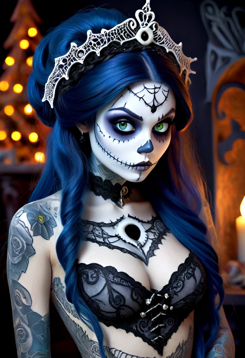 Create a hyper detailed photograph of a nightmare before Christmas tattooed young sexy corpse bride, Stunningly perfect gorgeous face, perfect makeup, detailed vibrant eyes, long hair, beautiful perfect, perfect beautiful perfect arms, realistic torso, detailed silky smooth skin, big breast, perfect round ass, nightmare before Christmas sexy seductive lace thong, back to camera looking forward,