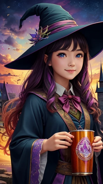 masterpiece, Highest quality, Wizard Tea , Little、 Beautiful Witch, Highly detailed realistic eyes, Happy, Vibrant, colorful,