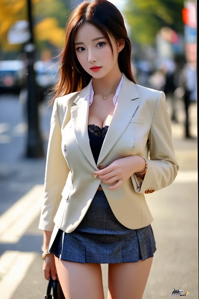 he most beautiful actress in the world, she is 18 years old, the perfect body proportions of this girl, just the lower than her crotch is fully exposed, just the upper than her crotch is fully covered, this girl with her large breasts is firmly wearing the blazer on the formal shirt, the bare skin of her large breasts are firmly covered by blazer which is closed on formal shirt, it's too difficult for the short skirt to cover the panties because it's too short, her bare thighs, her bare knees, her feet are out of this picture frame, her head is barely within this picture frame, only one description of this picture, at city street, standing, nsfw, best quality, highly detailed, masterpiece, ultra high res, photo realistic, 8k