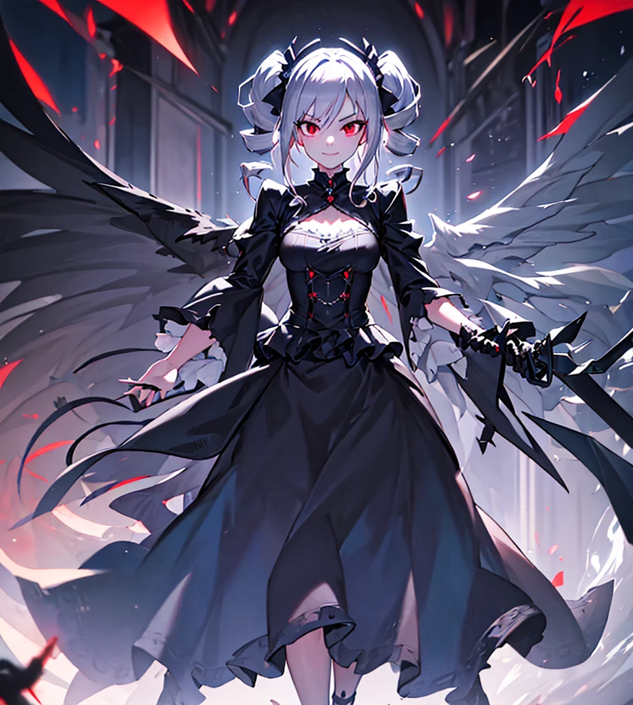 Silver hair, twin drills, abyss, large black wings, jet black sword in one hand, countless swords wrapped around the body, sharp gaze, red light in the eyes, raised corners of the mouth, open arms, blue flames, all alone, scary smile, back