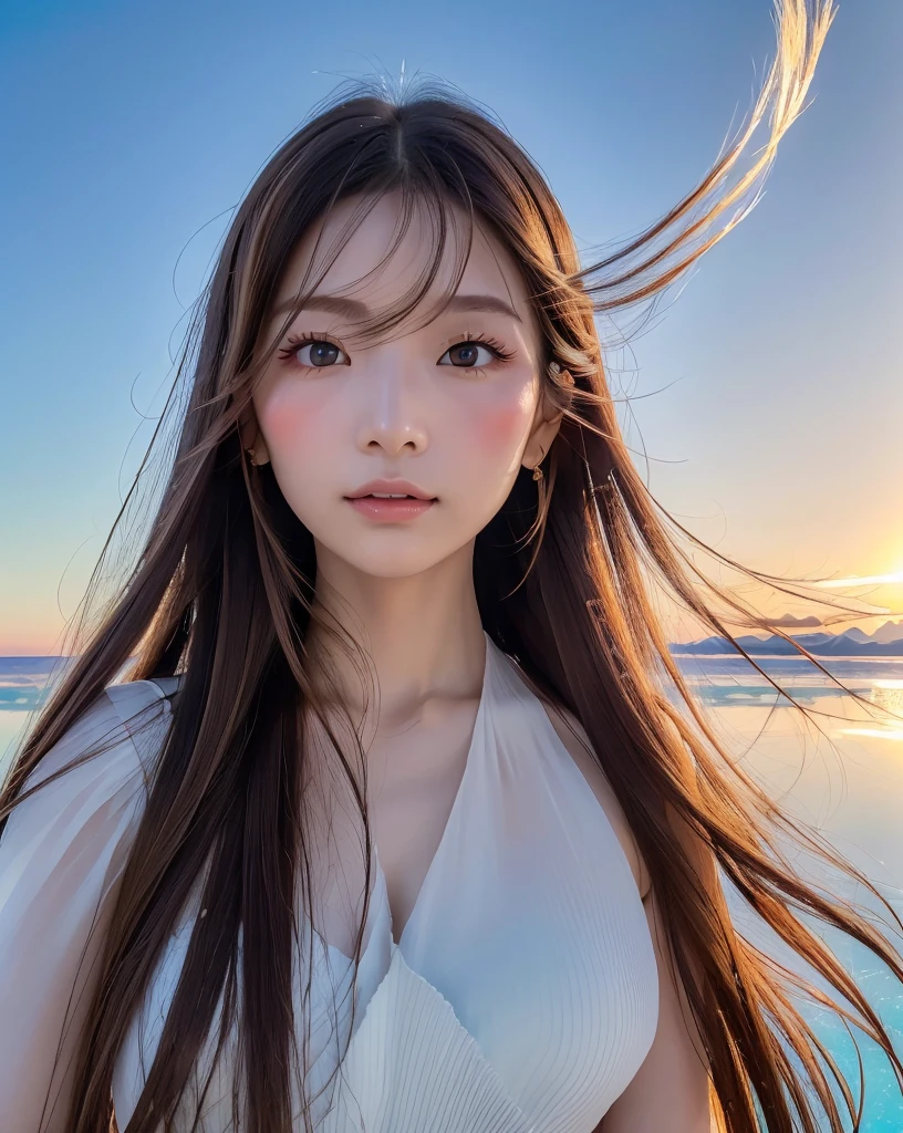 (Highest quality, 32k, High resolution, Masterpiece:1.5), marimo_jet, god々A photograph with brilliant dazzling and healing power., Expressing emotions, Have a rich imagination, Beautiful Japanese Girls, An exceptionally beautiful face, Small Face Beauty, Perfect Human Anatomy, Magical big eyes, Motherhood and generosity, Deep Love, fleeting smile, Shiny brown hair, Beautiful super long hair swaying in the wind, Asymmetrical bangs, Hair between the eyes, Transparent, soft white skin, Sharp eyebrows, Thin lashes, Natural Makeup, Cheek highlighter, Pale pink detailed lips, (Red dress:1.3), ((High resolutionの美しい太もも)), ((Distant Horizon:1.5)), ((Salar de Uyuni stretches to the horizon:1.3)), ((The earth reflects the sky like a mirror:1.3)), Beautiful detailed blue sky, Professional photographer, Professional Lighting, Professional models