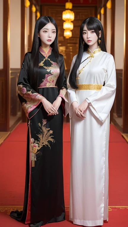 (((Two tall Chinese beauties)))、21 years old、(Very heavy makeup:1.2)、(Slanted Eyes:1.3)、(long narrow eyes:1.3)、Shiny Hair、Glowing Skin、Very white skin、Jet Black Hair、Straight long hairstyle、Big eyes、Double eyelids、Luxury Chinese palace、(The two of them stand side by side in the palace corridor)、Golden Hair Ornament、((Chinese Queen's Costume))、Luxurious and gorgeous、(huge breast:1.2)、(Exposed Skin:1.6)、(Smile with your mouth closed)
