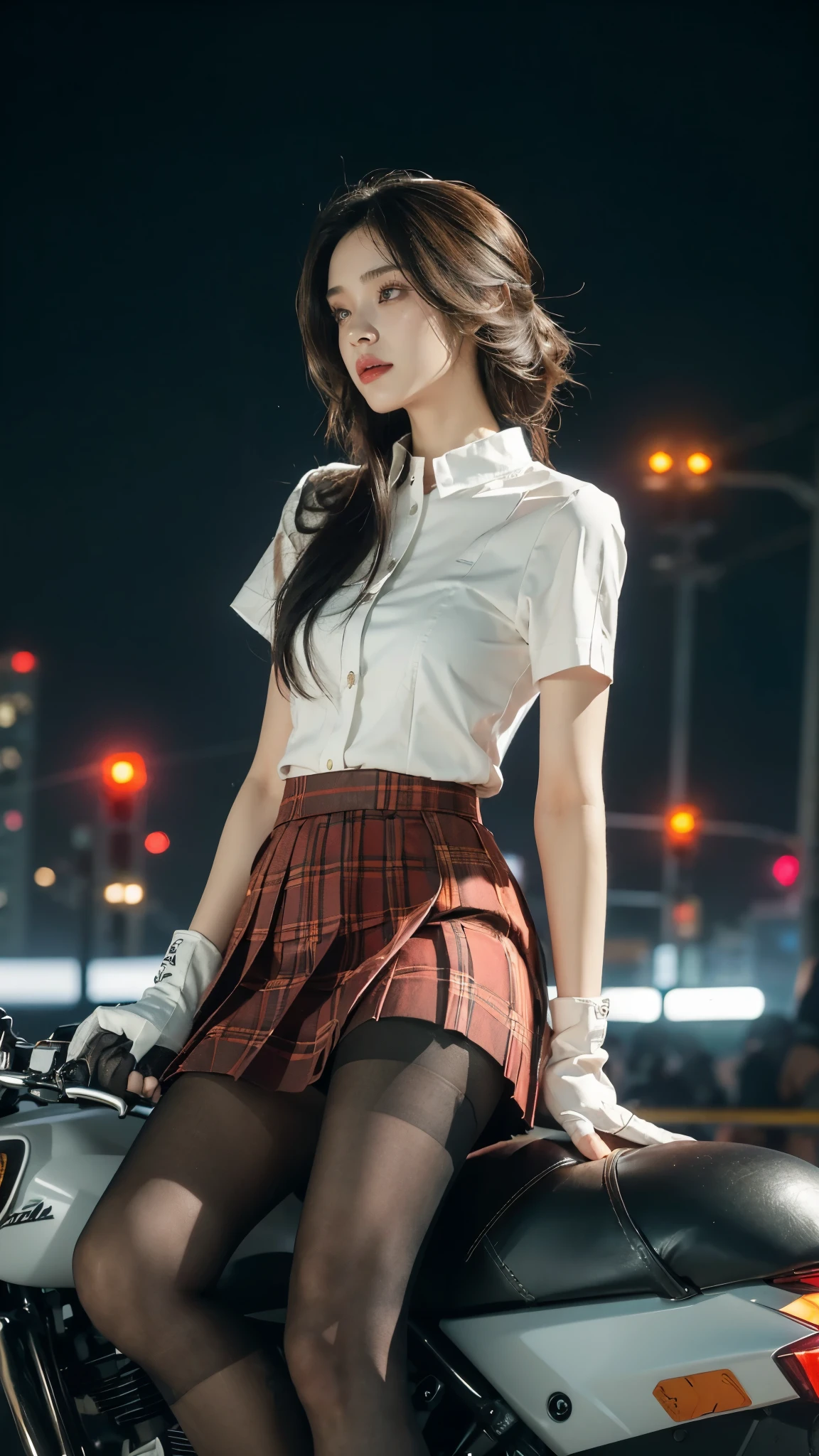 (((best quality))),(((very detailed))),(((masterpiece))),illustration,(1 beautiful girl,alone),((slim,thin)),((,flat chest)),(crash helmet:1.3),shoulder length straight bob hair,slim 다리,cyberpunk, city streets,high school student, JK outfit,(riding a motorcycle:1.3), smooth, (white collar short sleeve shirt:1.3),(Gloves:1.2),(Red plaid pleated skirt:1.3),(pantyhose:1.3), stylish boots, trust, crystal, dark street,neon lights, skyscrapers, city noise, traffic, Siren, sounds of the city, futuristic, Dystopian societies, technology, fashion, explosive cocktail, style, , modernity, demeanor, soul, anything is possible,((in front,upper body))