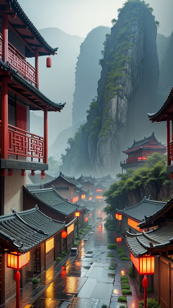 Chinese village with rain