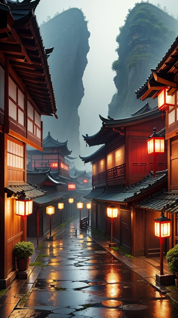 Chinese village with rain