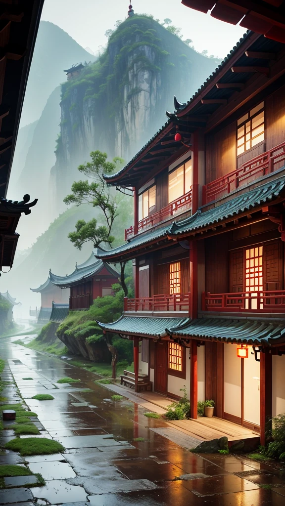 Chinese village with rain