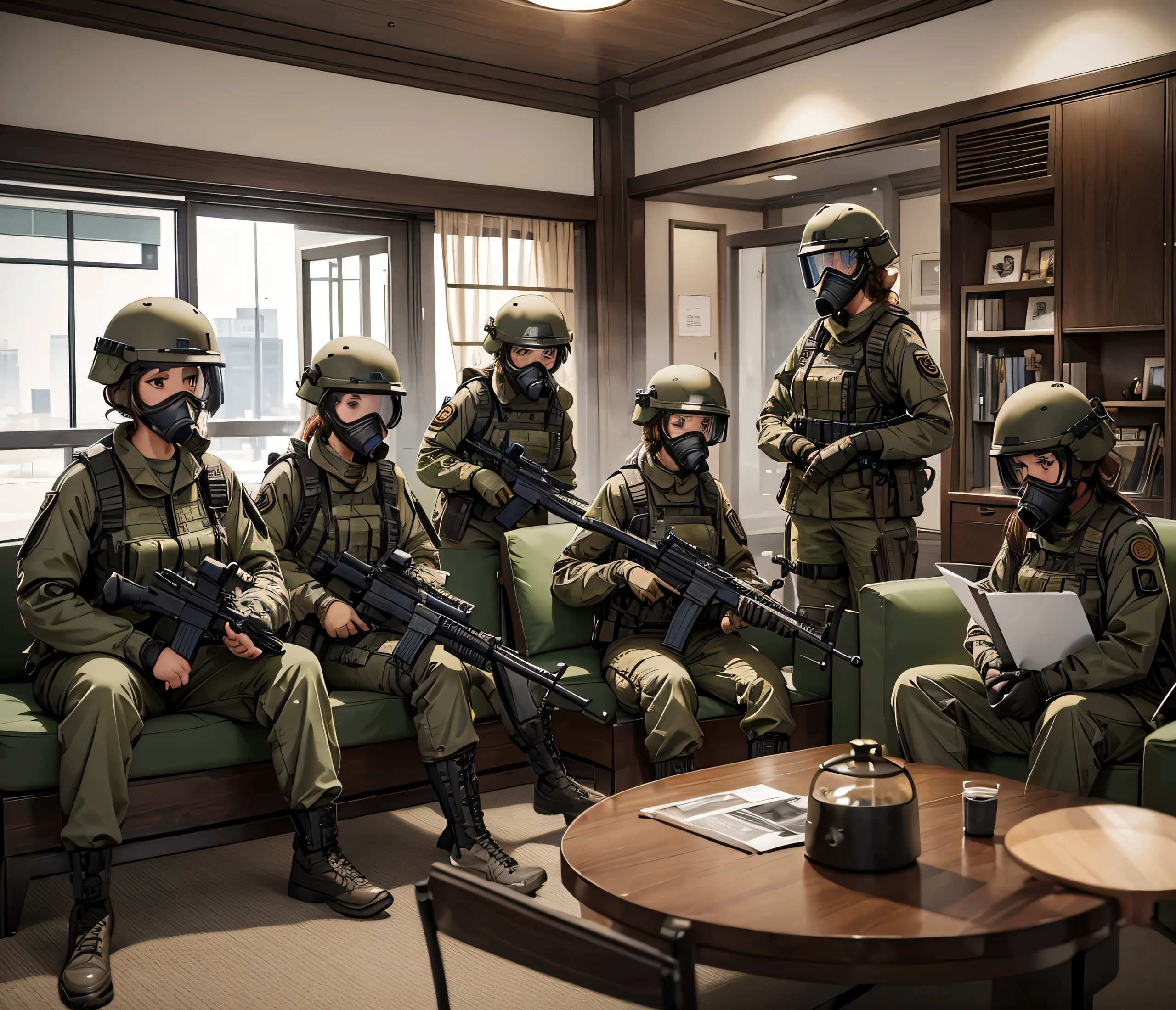 A group of female special forces soldiers wearing gas masks、Put on a helmet、Wearing beige M-51 military uniform、Sit in the lounge and take a rest、Write details、masterpiece、best quality、Highly detailed CG、8K picture quality