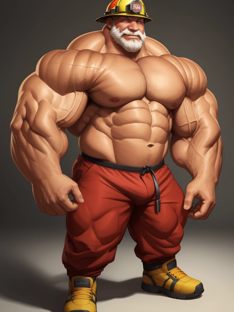 solo, 1boy, perfect anatomy, ground view, wrinkles skin, low shoot, down view, perfect proportion, thick body, thick thighs, firefighter, firefighter helmet, sharp eyes, big eyes, smile, perfect fingers, big hand, fingers. Huge Muscular Old man with short hair, shoes ,(red shorts), view from side, pectoral, thick arms, huge pectoral, wide pectoral, white hair, white beards, simple background, masterpiece, semirealistic:1.2, high detailed, 8k, high resolution, perfect center, full view. ((really big muscle, massive muscular, sixpack, thick arms, wide pectoral, super huge muscle, hyper muscular, over sized muscle, huge arms, big arms, huge pectoral))