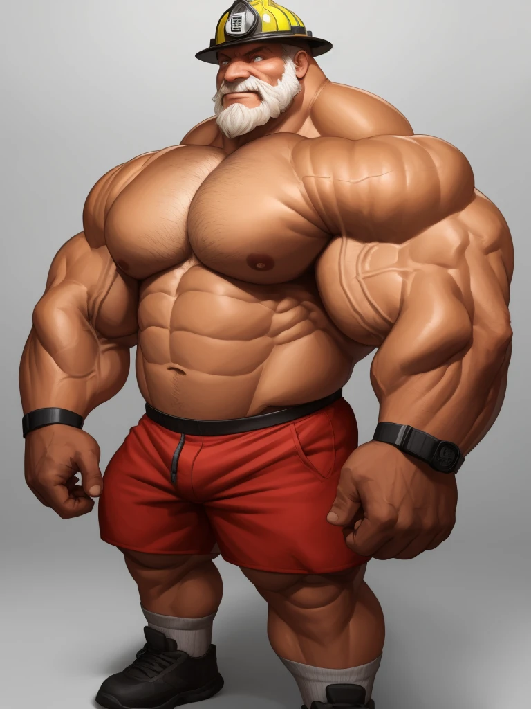 solo, 1boy, perfect anatomy, ground view, wrinkles skin, low shoot, down view, perfect proportion, thick body, thick thighs, firefighter, firefighter helmet, sharp eyes, big eyes, smile, perfect fingers, big hand, fingers. Huge Muscular Old man with short hair, shoes ,(red shorts), view from side, pectoral, thick arms, huge pectoral, wide pectoral, white hair, white beards, simple background, masterpiece, semirealistic:1.2, high detailed, 8k, high resolution, perfect center, full view. ((really big muscle, massive muscular, sixpack, thick arms, wide pectoral, super huge muscle, hyper muscular, over sized muscle, huge arms, big arms, huge pectoral))