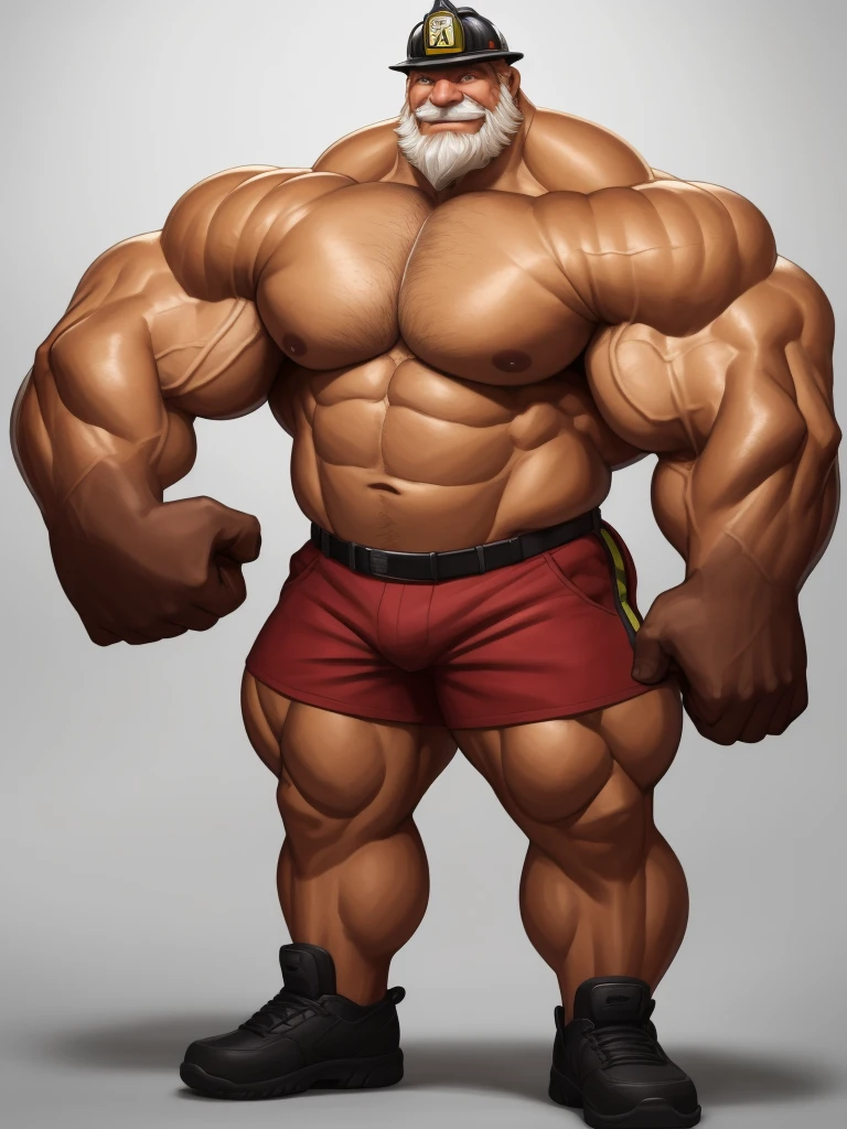solo, 1boy, perfect anatomy, ground view, wrinkles skin, low shoot, down view, perfect proportion, thick body, thick thighs, firefighter, firefighter helmet, sharp eyes, big eyes, smile, perfect fingers, big hand, fingers. Huge Muscular Old man with short hair, shoes ,(red shorts), view from side, pectoral, thick arms, huge pectoral, wide pectoral, white hair, white beards, simple background, masterpiece, semirealistic:1.2, high detailed, 8k, high resolution, perfect center, full view. ((really big muscle, massive muscular, sixpack, thick arms, wide pectoral, super huge muscle, hyper muscular, over sized muscle, huge arms, big arms, huge pectoral))