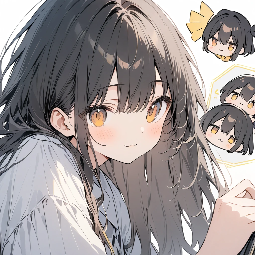 High resolution, Attention to detail, high quality, High resolution, 最high quality, 4K, 8K, Awards、White background、Black Hair、long hair、Slanted Eyes、cute、Shooting distance: 3M,(Clothes_Yellow line color:1.02),White shirt,Brown eyes