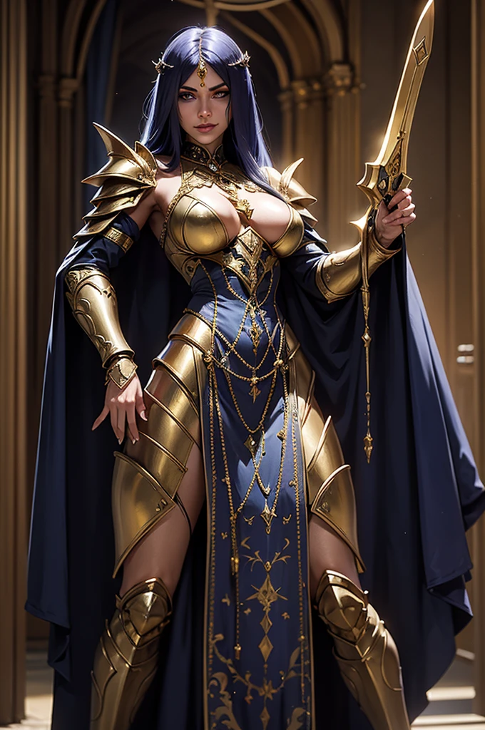 Imagine a character from D&D woman prodigy from a high school cavaleiro eldritch, she is very talented, she stands out for her beauty, she is an extremely vain person even in her combat movements, her armor and weapon are encrusted with jewels, her hair is long and silky, her skin is impeccable, her smile is charming, her eyes are vibrant and their posture is confident. She wields a two-handed warmass, an elegant golden weapon rich in jewel-encrusted detail.