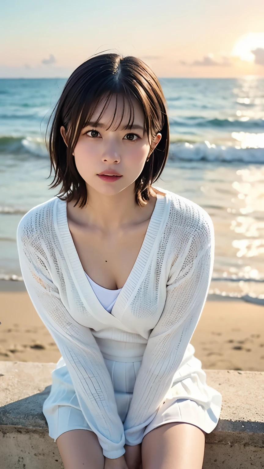 1girl, best quality, realistic, solo, depth of field, natural lighting, daytime, alluring, beautiful face, clean, pure face, pale skin, cute, short hair, beach, sunshine,flat chest, tiny breast, full body, ((sweater,beautfully face)),