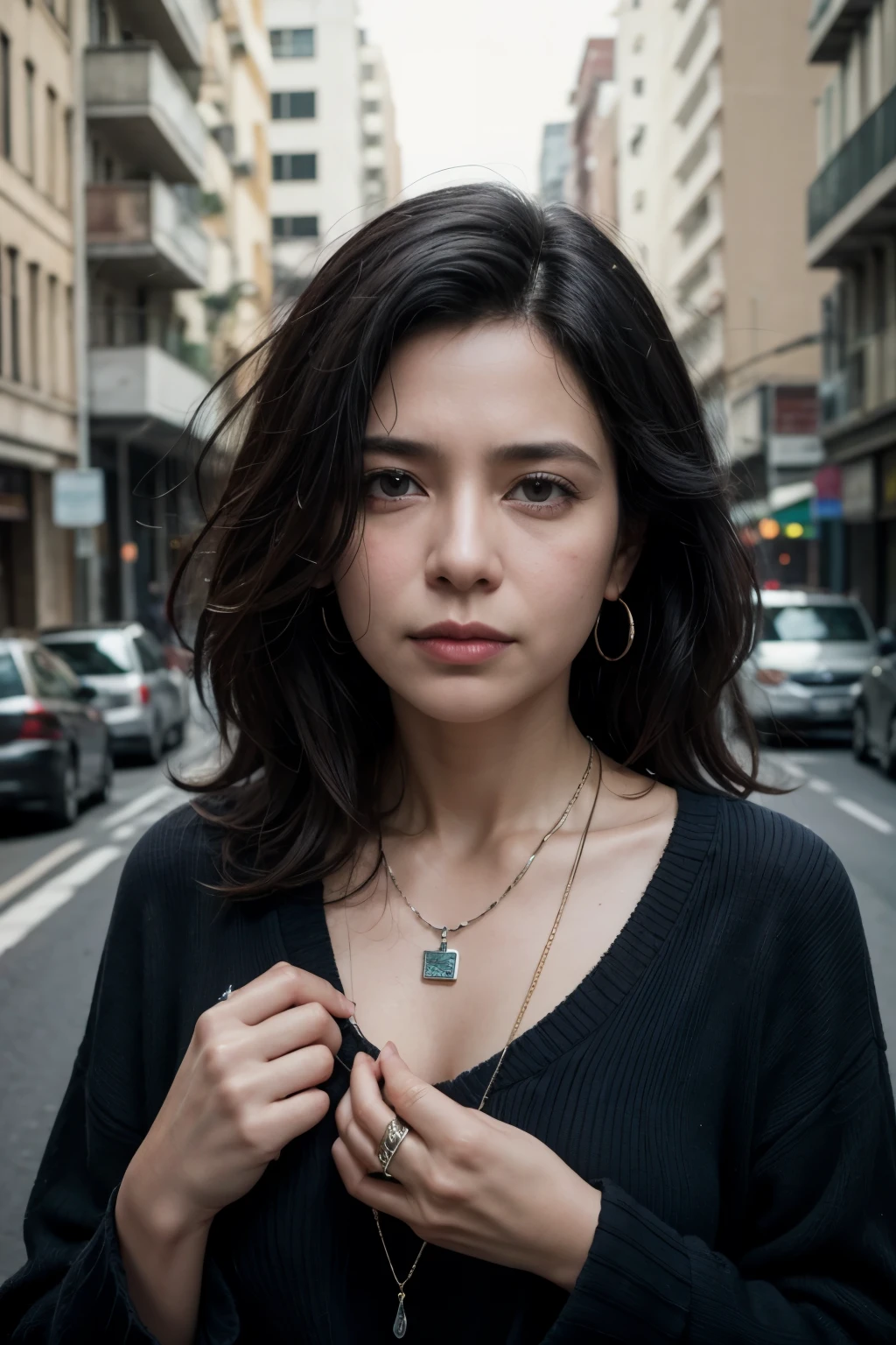 work of art, best qualityer, cinematic photo of a 50-year-old Brazilian woman, Bblack hair, short and unkempt, on an avenue with several colorful necklaces in hands, fot, film, high resolution