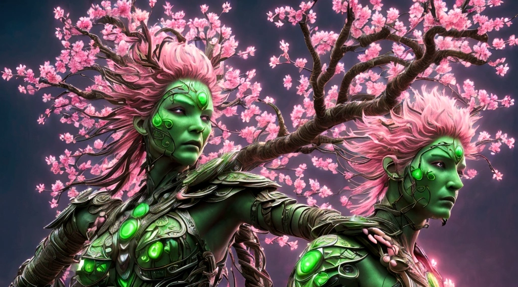 Plant Maiden,metal foil,Wired branch,eyepiece mechanical shell with bright light,moss-covered bark,tribal clothing,majestic figure,(ancient tribal marks),Control the tendrils that extend from the arms,Neon lights dance on the body,(Lightning around branches and leaves),(peach blossom),The petals are soft and delicate,vibrant with colors,(A harmonious mix of green and pink),(ominous dark clouds in the sky),atmosfera noturna,A futurist,vibrant colors and high-contrast lighting,Shadows and Dramatic Enhancements.(Best quality at best, 4K, 8K, Masterpiece artwork: 1.2), (real, photography realistic, photography realistic: 1.37)