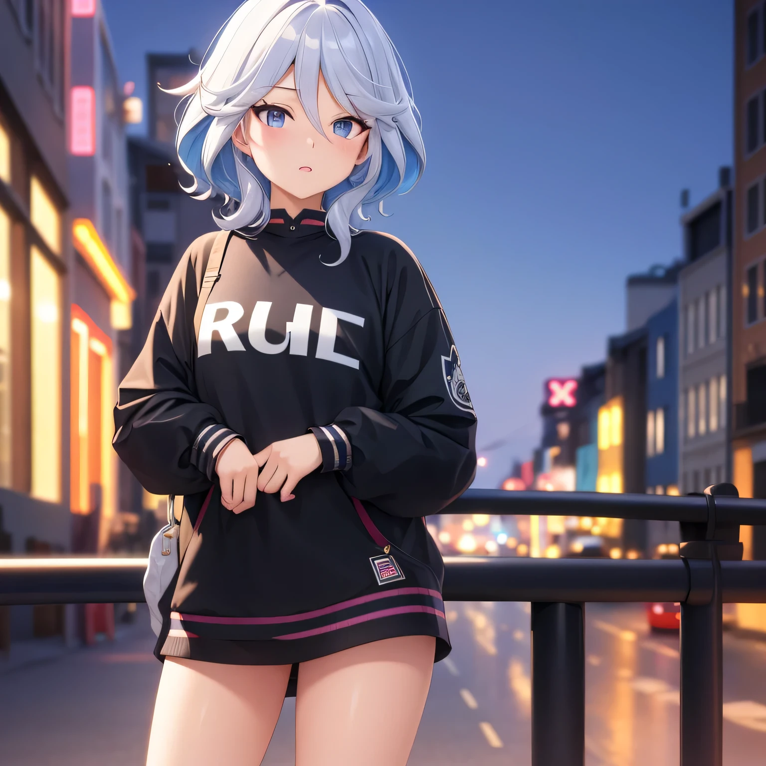 masterpiece, best quality, furina 1girl, solo, blush, short hair, hair between eyes, ((streetwear clothes)), city, outdoors, night, movie poster, extremely detailed 8K, smooth, high resolution, ultra quality, cinematic lighting, ambient occlusion, hd, 2k, 4k, 8k, 16k, extremely detailed anime, detailed faces, perfect composition, wide shot, atmospheric lighting, 