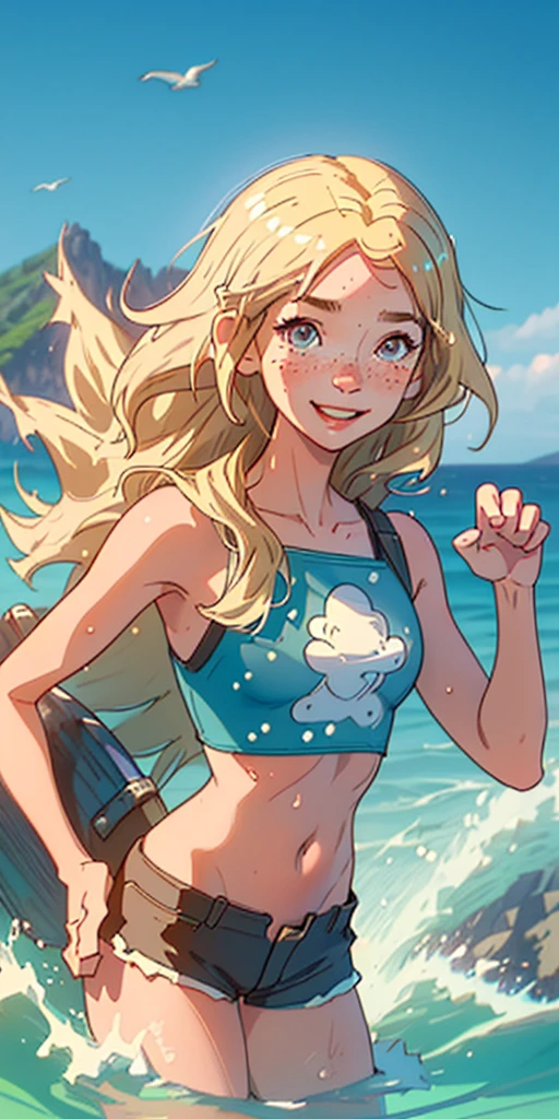 (best quality, masterpiece), 1girl, upper body, paw pose, smile, laughing, happy, ocean, crop top, shorts, blonde, freckles, blush, looking at viewer, wavy hair, long hair, cloud, splashing, waves, sun, mountain, wet