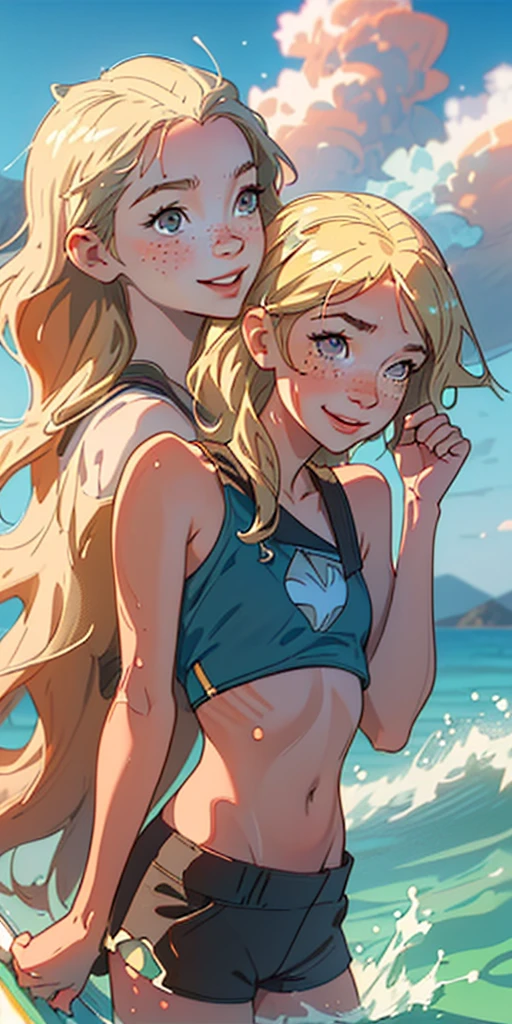 (best quality, masterpiece), 1girl, upper body, paw pose, smile, laughing, happy, ocean, crop top, shorts, blonde, freckles, blush, looking at viewer, wavy hair, long hair, cloud, splashing, waves, sun, mountain, wet