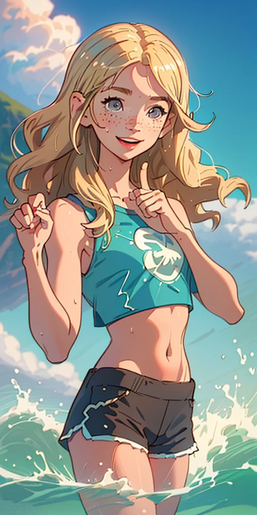 (best quality, masterpiece), 1girl, upper body, paw pose, smile, laughing, happy, ocean, crop top, shorts, blonde, freckles, blush, looking at viewer, wavy hair, long hair, cloud, splashing, waves, sun, mountain, wet