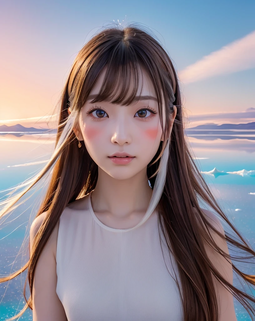 (Highest quality, 32k, High resolution, Masterpiece:1.5), marimo_jet, god々A photograph with brilliant dazzling and healing power., Expressing emotions, Have a rich imagination, Beautiful Japanese Girls, An exceptionally beautiful face, Small Face Beauty, Perfect Human Anatomy, Magical big eyes, Motherhood and generosity, Deep Love, fleeting smile, Shiny brown hair, Beautiful super long hair swaying in the wind, Asymmetrical bangs, Hair between the eyes, Transparent, soft white skin, Sharp eyebrows, Thin lashes, Natural Makeup, Cheek highlighter, Pale pink detailed lips, (Red dress:1.3), ((High resolutionの美しい太もも)), ((Distant Horizon:1.5)), ((Salar de Uyuni stretches to the horizon:1.3)), ((The earth reflects the sky like a mirror:1.3)), Beautiful detailed blue sky, Professional photographer, Professional Lighting, Professional models