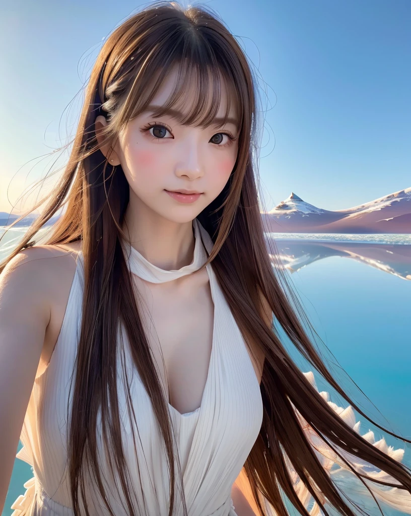 (Highest quality, 32k, High resolution, Masterpiece:1.5), marimo_jet, god々A photograph with brilliant dazzling and healing power., Expressing emotions, Have a rich imagination, Beautiful Japanese Girls, An exceptionally beautiful face, Small Face Beauty, Perfect Human Anatomy, Magical big eyes, Motherhood and generosity, Deep Love, fleeting smile, Shiny brown hair, Beautiful super long hair swaying in the wind, Asymmetrical bangs, Hair between the eyes, Transparent, soft white skin, Sharp eyebrows, Thin lashes, Natural Makeup, Cheek highlighter, Pale pink detailed lips, (Red dress:1.3), ((High resolutionの美しい太もも)), ((Distant Horizon:1.5)), ((Salar de Uyuni stretches to the horizon:1.3)), ((The earth reflects the sky like a mirror:1.3)), Beautiful detailed blue sky, Professional photographer, Professional Lighting, Professional models