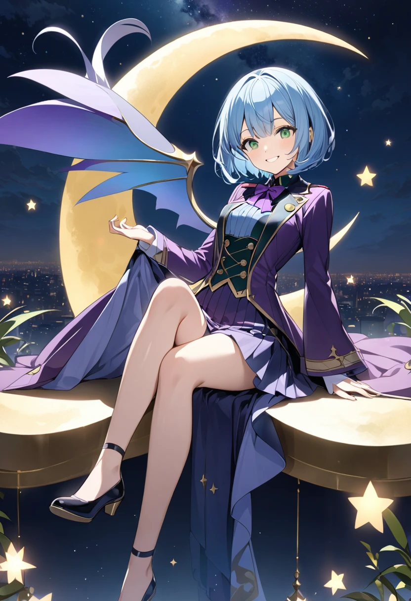 Light blue hair、Short Bob、Deep green eyes、Small breasts、Purple tailcoat、Night Sky、Sitting on a crescent moon and smiling
