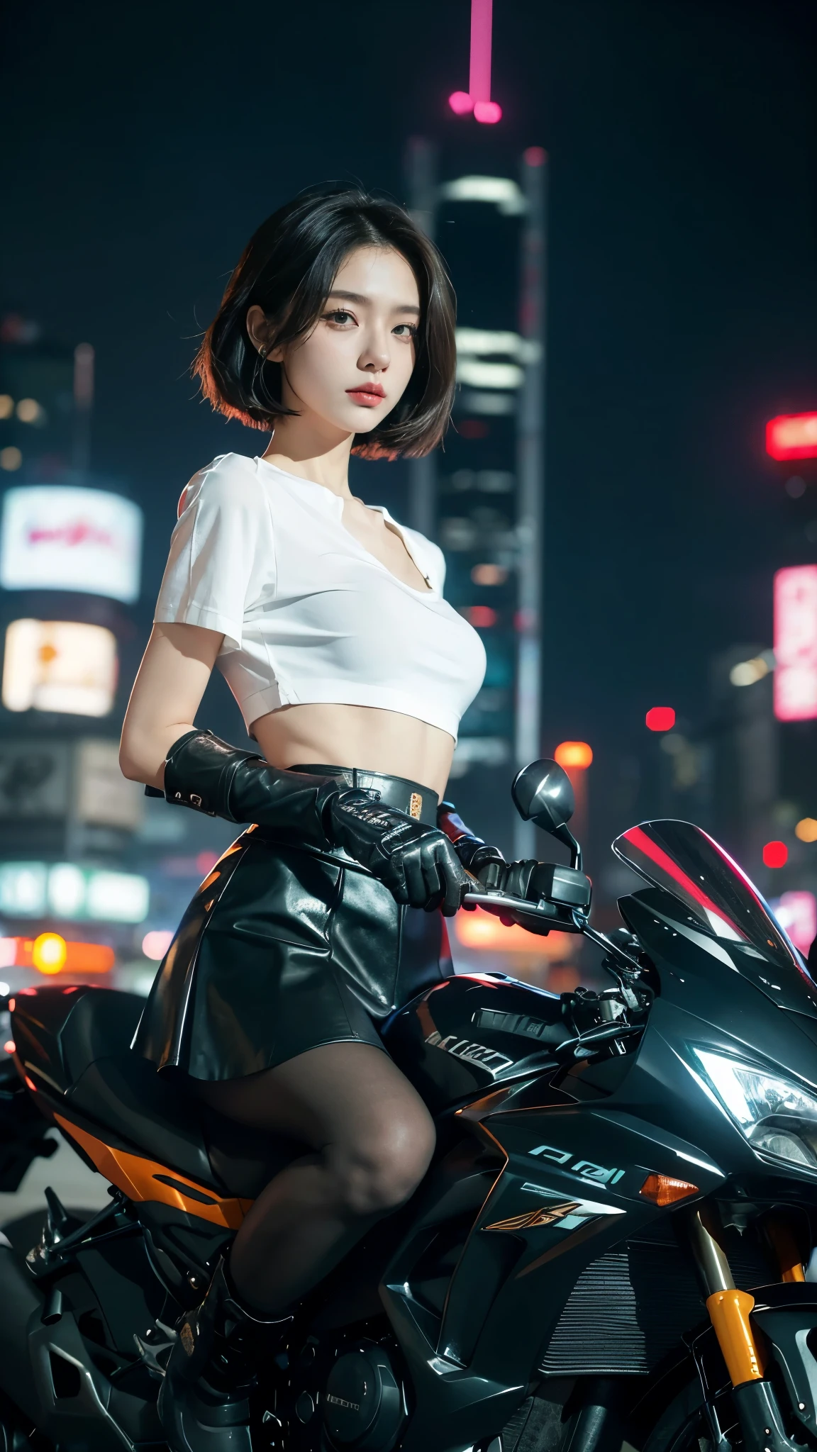 (((best quality))),(((very detailed))),(((masterpiece))),illustration,(1 beautiful girl,alone),((slim,thin)),((big bust,flat chest)),(crash helmet:1.3),shoulder length straight bob hair,slim 다리,cyberpunk, city streets,(riding a motorcycle:1.3), smooth, (white collar short sleeve shirt:1.3),(Gloves:1.2),( random color skirt:1.3),(pantyhose:1.3), stylish boots, trust, crystal, dark street,neon lights, skyscrapers, city noise, traffic, Siren, sounds of the city, futuristic, Dystopian societies, technology, fashion, explosive cocktail, style, , modernity, demeanor, soul, anything is possible,((in front,upper body))