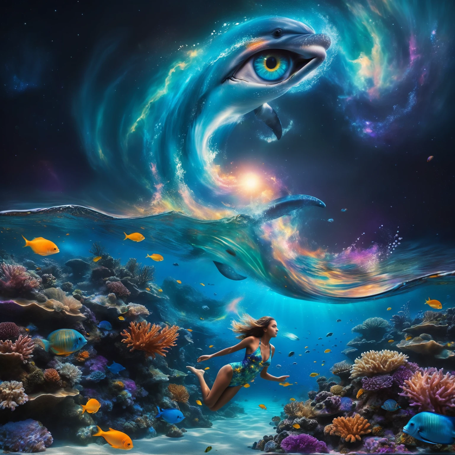 Create an endless ocean at night. Foreground: A huge luminescent barrier reef with glowing fishes and jellyfishes. incorporate floating bioluminescent orbs that drift lazily through the water, casting a soft glow. A woman snorkeling with palm just below the surface, wearing a whimsical outfit that combines elements of a swimsuit and armor. The bodice has fish scale patterns in layers, creating depth with a smooth, slightly metallic surface that reflects light in iridescent hues of orange and gold. Add subtle, translucent silhouettes of mythical sea creatures in the background, barely visible but adding to the mystical feel. Midground: A dolphin jumping out of a wave, illuminated by moonlight filtering through the water. Background: A sky dominated by a massive cosmic eye, surrounded by swirling galactic patterns and luminous stars. Spiraling waves that seamlessly blend into the cosmic sky. Introduce a gentle, otherworldly melody that seems to resonate from the cosmic eye, creating an auditory illusion in the viewer's mind. Colors: Luminescent moonlight. Dominant tones of blue, turquoise, and violet. Accents of yellow and orange from the tropical fish. Composition: The scene should guide the viewer’s gaze from the detailed coral reefs and marine life in the foreground, to the dolphin in the midground, and finally to the cosmic eye and swirling waves in the background. Use lines and patterns to naturally direct the viewer’s attention upwards. Envelop the entire scene in a soft, shimmering haze that adds to the ethereal quality. Atmosphere: Evoke a mystical and dreamlike atmosphere, blurring the boundaries between reality and imagination. Create a sense of depth and dimension with sharp details in the foreground and midground, and a slightly softer focus on the cosmic elements in the background. A peaceful atmosphere, absolutely astonishing and beautiful landscape with very saturated colors, glowing. Four-dimensional, 128K, HDR, the best quality.