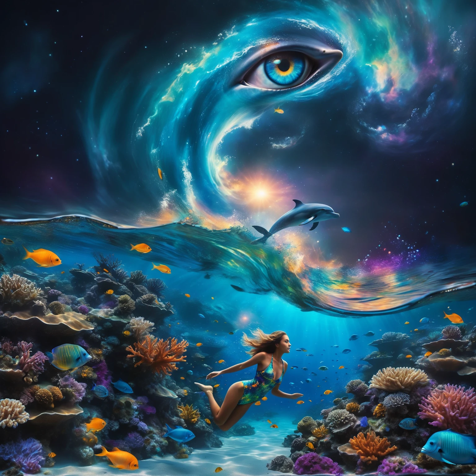 Create an endless ocean at night. Foreground: A huge luminescent barrier reef with glowing fishes and jellyfishes. incorporate floating bioluminescent orbs that drift lazily through the water, casting a soft glow. A woman snorkeling with palm just below the surface, wearing a whimsical outfit that combines elements of a swimsuit and armor. The bodice has fish scale patterns in layers, creating depth with a smooth, slightly metallic surface that reflects light in iridescent hues of orange and gold. Add subtle, translucent silhouettes of mythical sea creatures in the background, barely visible but adding to the mystical feel. Midground: A dolphin jumping out of a wave, illuminated by moonlight filtering through the water. Background: A sky dominated by a massive cosmic eye, surrounded by swirling galactic patterns and luminous stars. Spiraling waves that seamlessly blend into the cosmic sky. Introduce a gentle, otherworldly melody that seems to resonate from the cosmic eye, creating an auditory illusion in the viewer's mind. Colors: Luminescent moonlight. Dominant tones of blue, turquoise, and violet. Accents of yellow and orange from the tropical fish. Composition: The scene should guide the viewer’s gaze from the detailed coral reefs and marine life in the foreground, to the dolphin in the midground, and finally to the cosmic eye and swirling waves in the background. Use lines and patterns to naturally direct the viewer’s attention upwards. Envelop the entire scene in a soft, shimmering haze that adds to the ethereal quality. Atmosphere: Evoke a mystical and dreamlike atmosphere, blurring the boundaries between reality and imagination. Create a sense of depth and dimension with sharp details in the foreground and midground, and a slightly softer focus on the cosmic elements in the background. A peaceful atmosphere, absolutely astonishing and beautiful landscape with very saturated colors, glowing. Four-dimensional, 128K, HDR, the best quality.