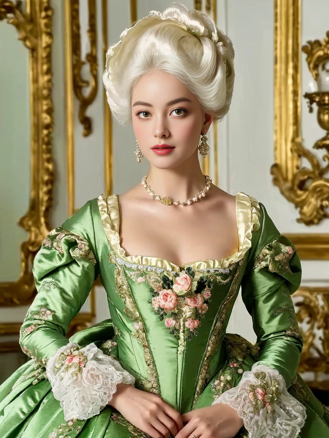 Close up of woman in green dress holding tea ball, Rococo queen, dress in the style of Rococo, Rococo fashion, 1 8th century style, Rococo style portrait, baroque hair, Rococo portrait, # Rococo, noble clothing, Rococo, 17th century duchess, Rococo dress, Marie Antoinette