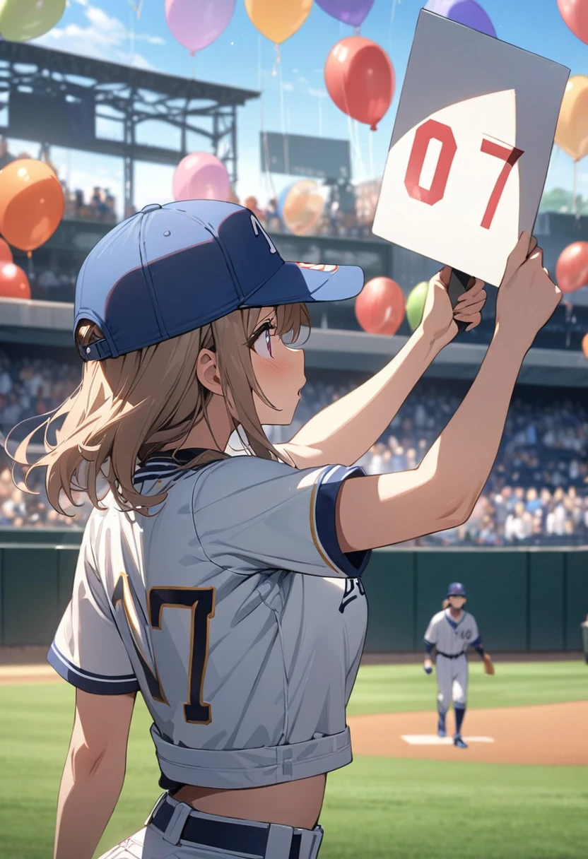masterpiece, best quality, extremely detailed, anime, A girl, a baseball cap, a baseball field, watching a baseball game, ((holding placard with the number 7 written on it)), lots of balloons flying,