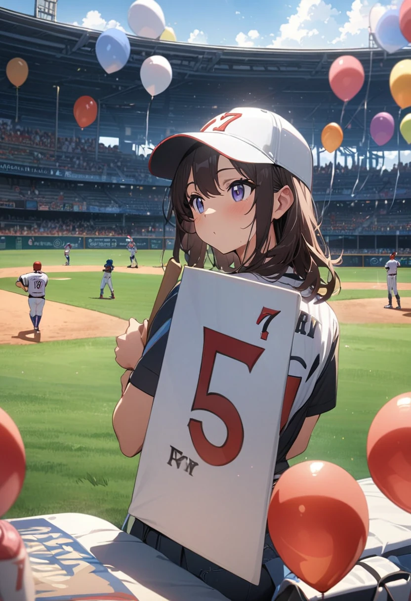 masterpiece, best quality, extremely detailed, anime, A girl, a baseball cap, a baseball field, watching a baseball game, ((holding placard with the number 7 written on it)), lots of balloons flying,