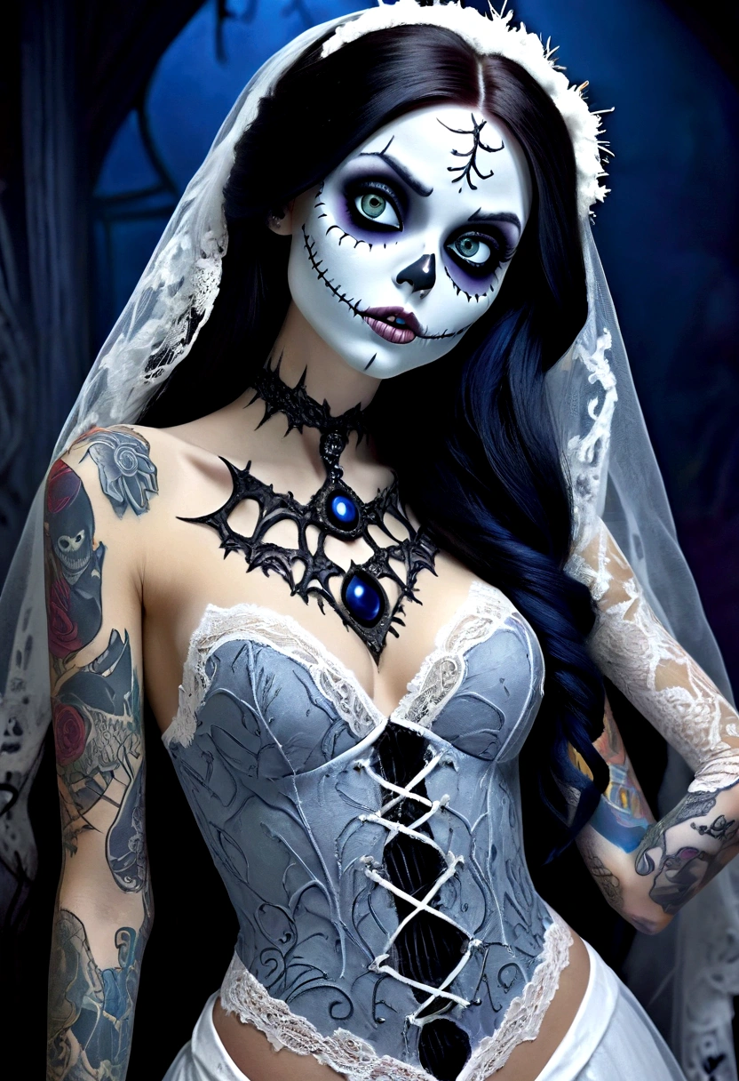 Create a hyper detailed photograph of a nightmare before Christmas tattooed young sexy corpse bride, Stunningly perfect gorgeous face, perfect makeup, detailed vibrant eyes, long hair, beautiful perfect, perfect beautiful perfect arms, realistic torso, detailed silky smooth skin, big breast, perfect round ass, nightmare before Christmas sexy seductive lace thong, back to camera looking forward,