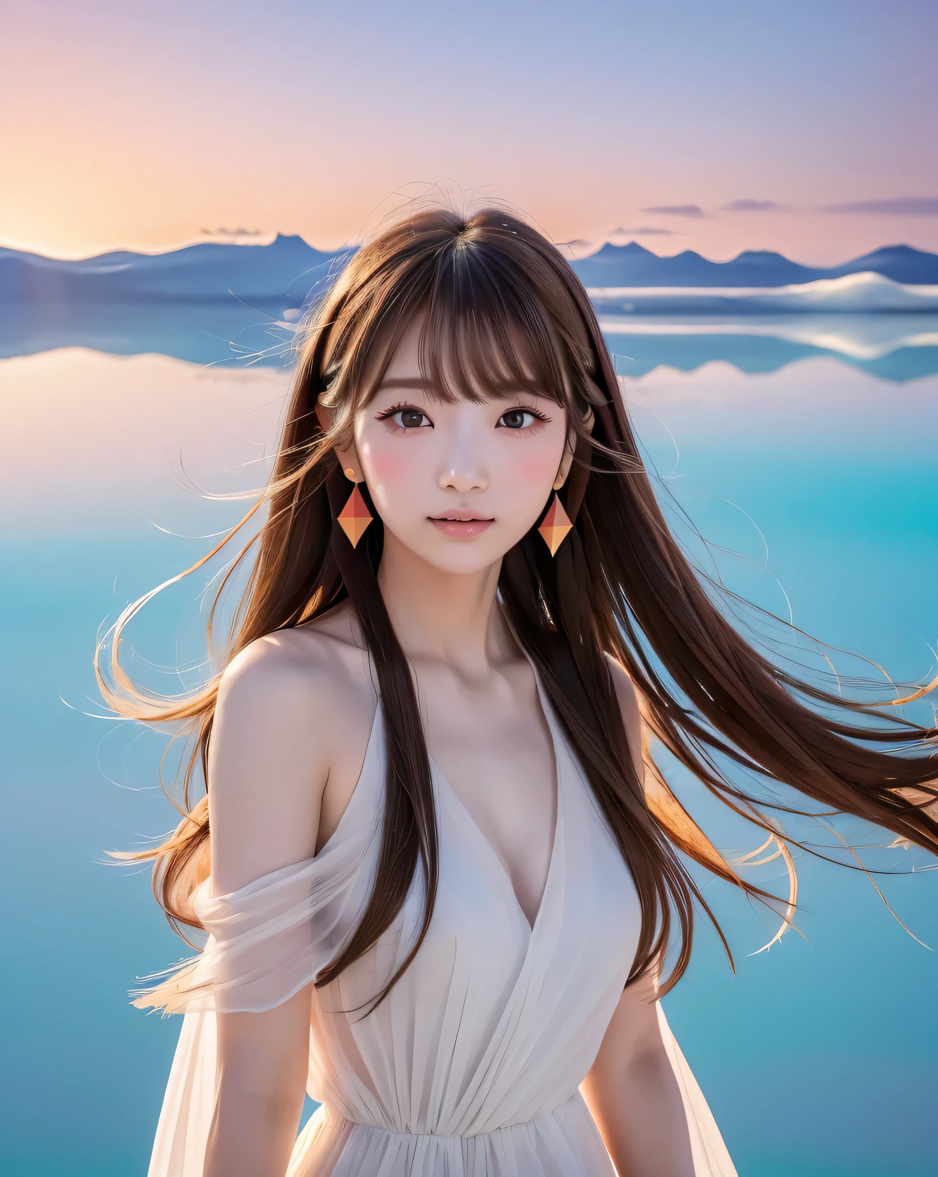 (Highest quality, 32k, High resolution, Masterpiece:1.5), marimo_jet, god々A photograph with brilliant dazzling and healing power., Expressing emotions, Have a rich imagination, Beautiful Japanese Girls, An exceptionally beautiful face, Small Face Beauty, Perfect Human Anatomy, Magical big eyes, Motherhood and generosity, Deep Love, fleeting smile, Shiny brown hair, Beautiful super long hair swaying in the wind, Asymmetrical bangs, Hair between the eyes, Transparent, soft white skin, Sharp eyebrows, Thin lashes, Natural Makeup, Cheek highlighter, Pale pink detailed lips, (Red dress:1.3), ((High resolutionの美しい太もも)), ((Distant Horizon:1.5)), ((Salar de Uyuni stretches to the horizon:1.3)), ((The earth reflects the sky like a mirror:1.3)), Beautiful detailed blue sky, Professional photographer, Professional Lighting, Professional models