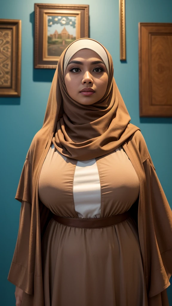 (Close Up),RAW, Best quality, high resolution, masterpiece: 1.3), realistis,beautiful Malay woman in hijab, Masterpiece,perfect slim body, big breasts, big eyes, beautiful face, Soft smile, thick thighs, Muslim woman in a light brown dress standing against a blue wall, simple dress,hijab, wearing a fisher, brown clothes, full body picture,, black and brown, beautiful masterpieces, extraordinary lighting, bright colors, clean lines