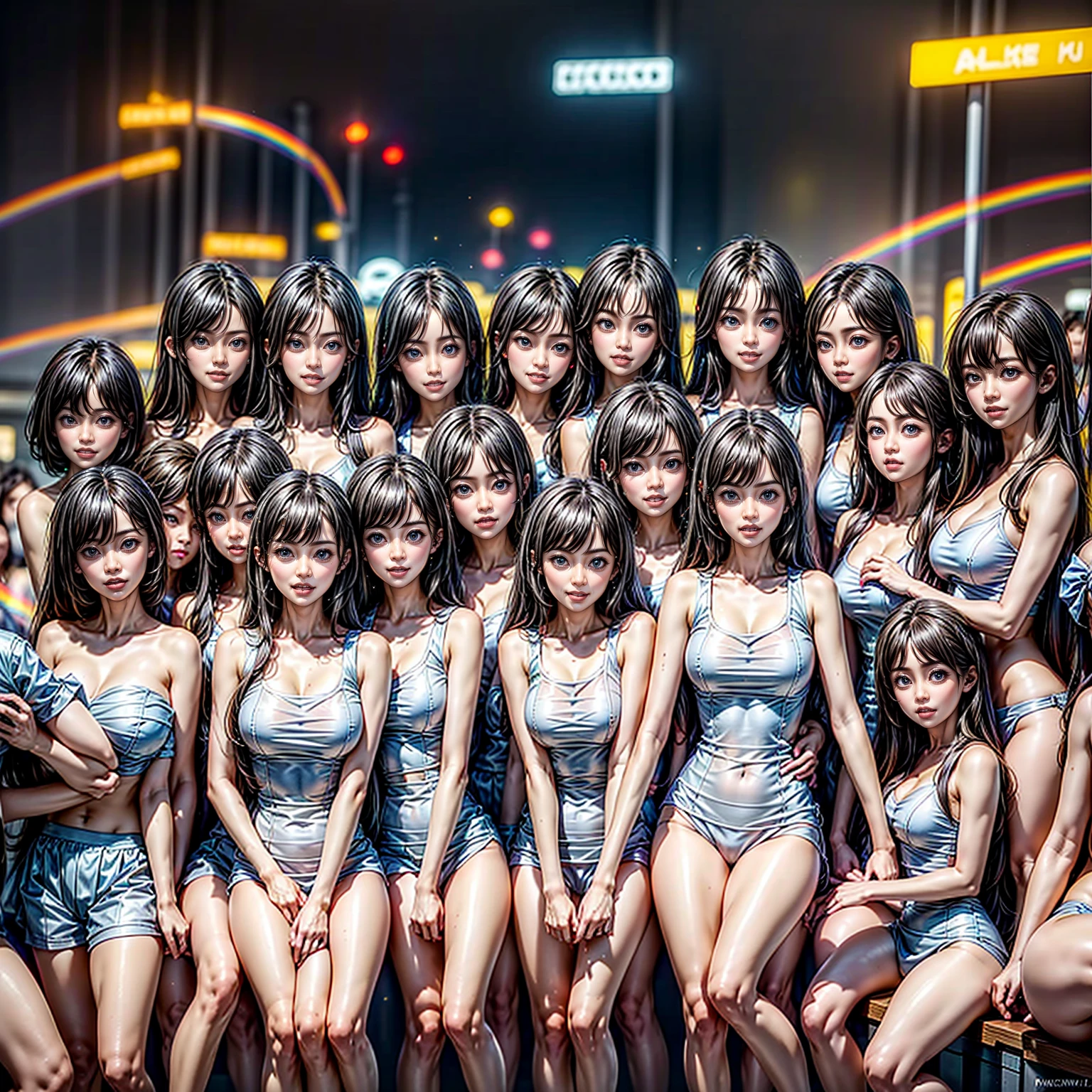 ((ExtremelyDetailed (PUNIPUNI KAWAII 12 Girls in a row:1.37) (Shibuya) scramble crossing)), (masterpiece 8K TopQuality:1.2) (ProfessionalPhoto:1.37), {(Standing Full Body:1.2)|Dancing}, Different types of hair colors, {((White skinny school swimwear))|(SchoolUniform)|Tutu}, {Corrected BabyLike hand|Hiddenhand}, (Joyful Expressions LifeLike Rendering), PerfectLighting (RainbowColor particles:1.2)(Dazzling Blurred ColorfulLights) MotionBlur BREAK (Acutance:0.8) Impeccable Radiant PearlSkin with Transparency . (Exposed:-0.6)(no extra arm, no extra hand)