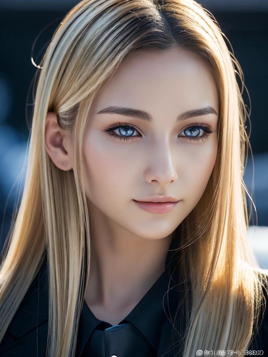 ((18 year old girl in a black business suit)), Perfect blonde, One girl, Very long hair, ((shiny snow-white skin)), 3D rendered character art 8K, Trending on cgstation, Detailed eyes, Symmetrical eyes, Perfect Face, Perfect body, (Intricate details:0.9), (High resolution, Hyper Detail:1.2), (Natural skin texture, Ultra-realistic, Soft Light, sharp), (Intricate details 1.5), Near the bar counter.