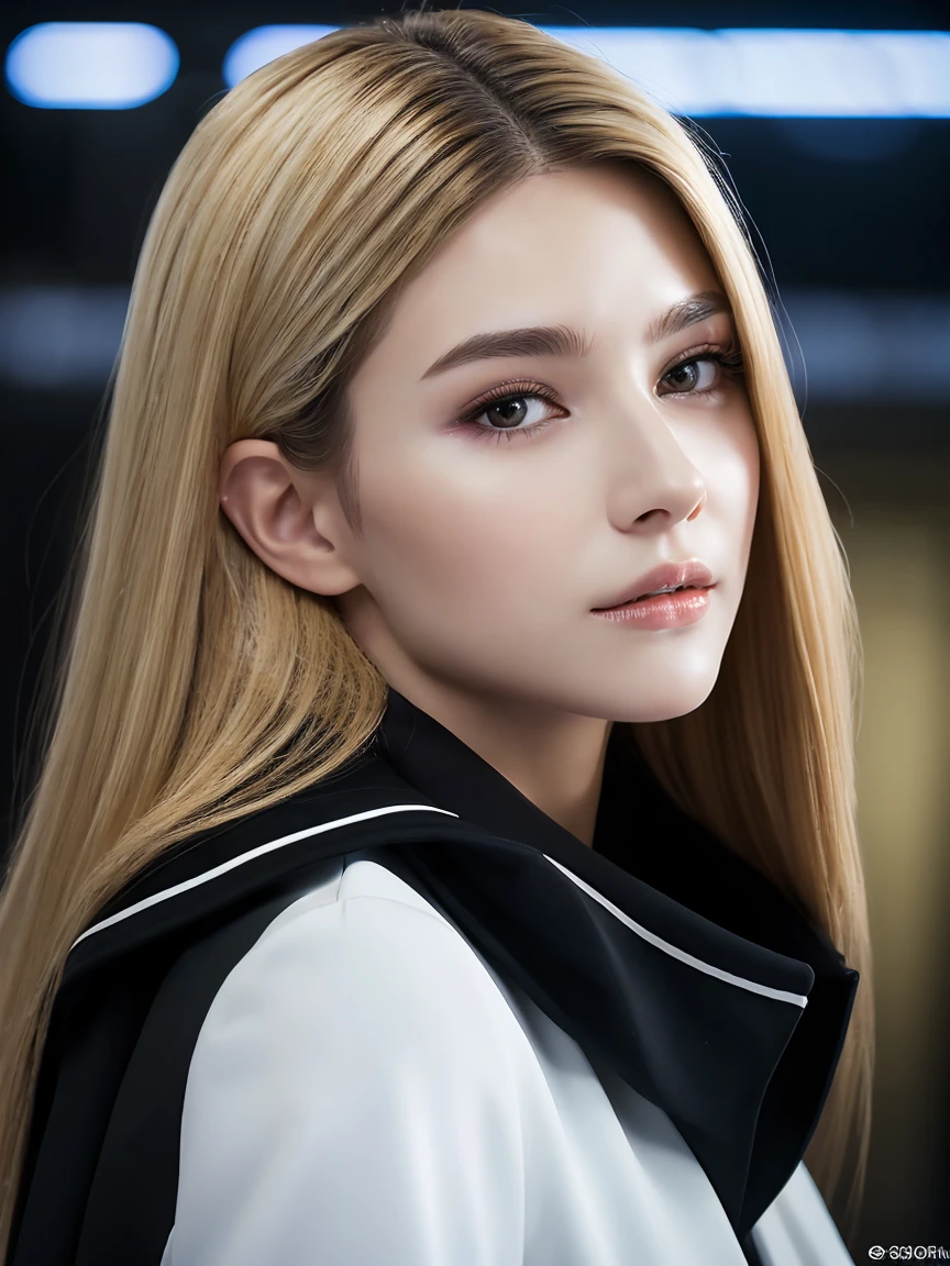 ((18 year old girl in a black business suit)), Perfect blonde, One girl, Very long hair, ((shiny snow-white skin)), 3D rendered character art 8K, Trending on cgstation, Detailed eyes, Symmetrical eyes, Perfect Face, Perfect body, (Intricate details:0.9), (High resolution, Hyper Detail:1.2), (Natural skin texture, Ultra-realistic, Soft Light, sharp), (Intricate details 1.5), Near the bar counter.