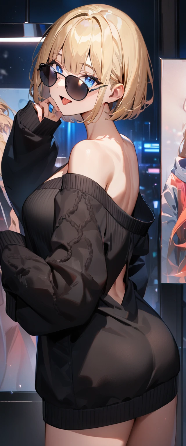 (((One girl))), open mouth, tongue out, (((from behind))), (((back view))), blond hair, ((sunglasses, hand to sunglasses)), (bob cut:1.3)), breasts, cleavage, (cowboy shot), standard body, (looking at viewer), oversized clothes, puffy long sleeves, collarbone, ((aran sweater)), ((off-shoulder sweater dress:1.3, Quite thick shoulder straps)), (((sleeves past wrists:1.3))), ((black sweater)), ager, head tilt:1.3, (((blue eye))), ((happy smile)), (((anime style))), (best quality, 4k, 8k, highres, masterpiece:1.2, ultra-detailed, ultra-detailed eyes, HDR, UHD, studio lighting, ultra-fine painting, sharp focus, physically-based rendering, extreme detail description, professional, vivid colors, bokeh), ((Highest quality, Best image quality, Ultra-high resolution, Ultra-high resolution, solo, Strong eye highlights)), Depth of written boundary, Natural soft light, attractive, Beautiful Face, Cleanliness, Pure Face, nedium chest, Beautiful Face, Perfect Fingers, Perfect hands, Perfect body, Perfect Face, Shine a light into your eyes, Perfect Anatomy