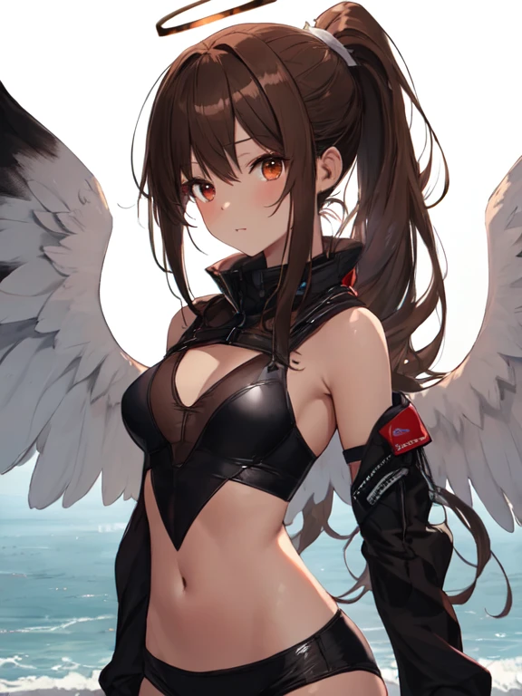 Angel, Eight wings, Angel Halo, Cute face:1.5, Petite:1.5, , Long Hair:1.5, ponytail, Brown Hair, Small breasts, Toned body, uhd, retina, masterpiece, ccurate, anatomically correct, textured skin, super detail, high details, high quality, best quality, highres, 4K