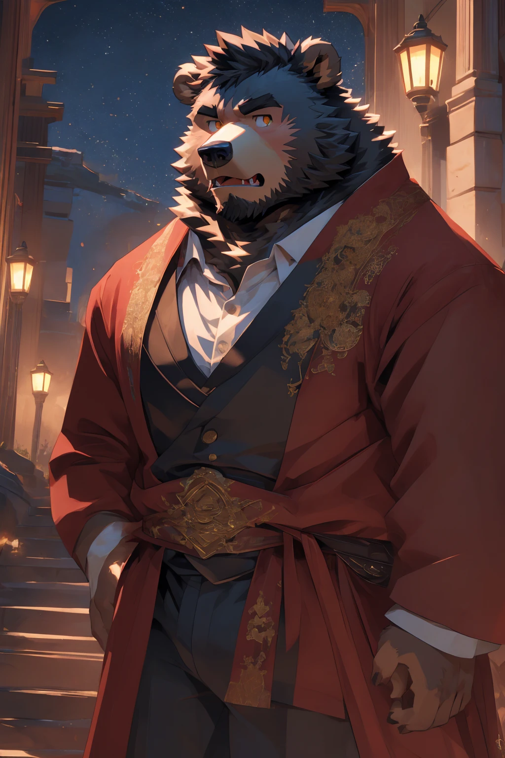 (Super detailed), Sharp focus,hairy, Gray fur, White beard,,Golden Eyes,human nature (棕Bear:1.3), male, Muscular ,(Crotch bulge),(Big Bag),Super detailed的脸,(dishevelled:1.4),(best quality), (masterpiece), High Detail, high quality,High resolution,16K,(Bear:1.3),(scar:1.1),(Fangs),(vampire:1.2),(Red robe),moonlight,Sharp teeth,(Bloody Mouth),Open your mouth