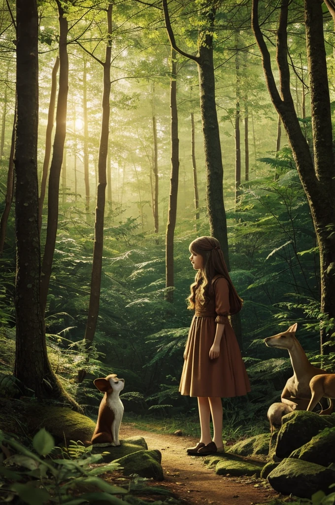 Illustration for a fairy tale about a girl standing in the forest, who can talk to animals 