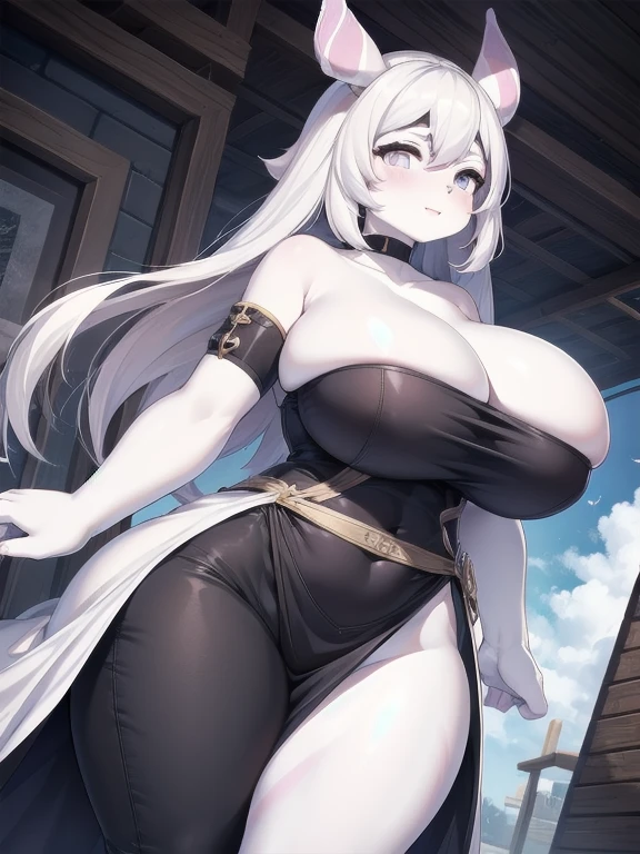 Lovely,Pure white skin,White hair,abdomen,Big breasts,girl,White belly-baring dress,Black jeans